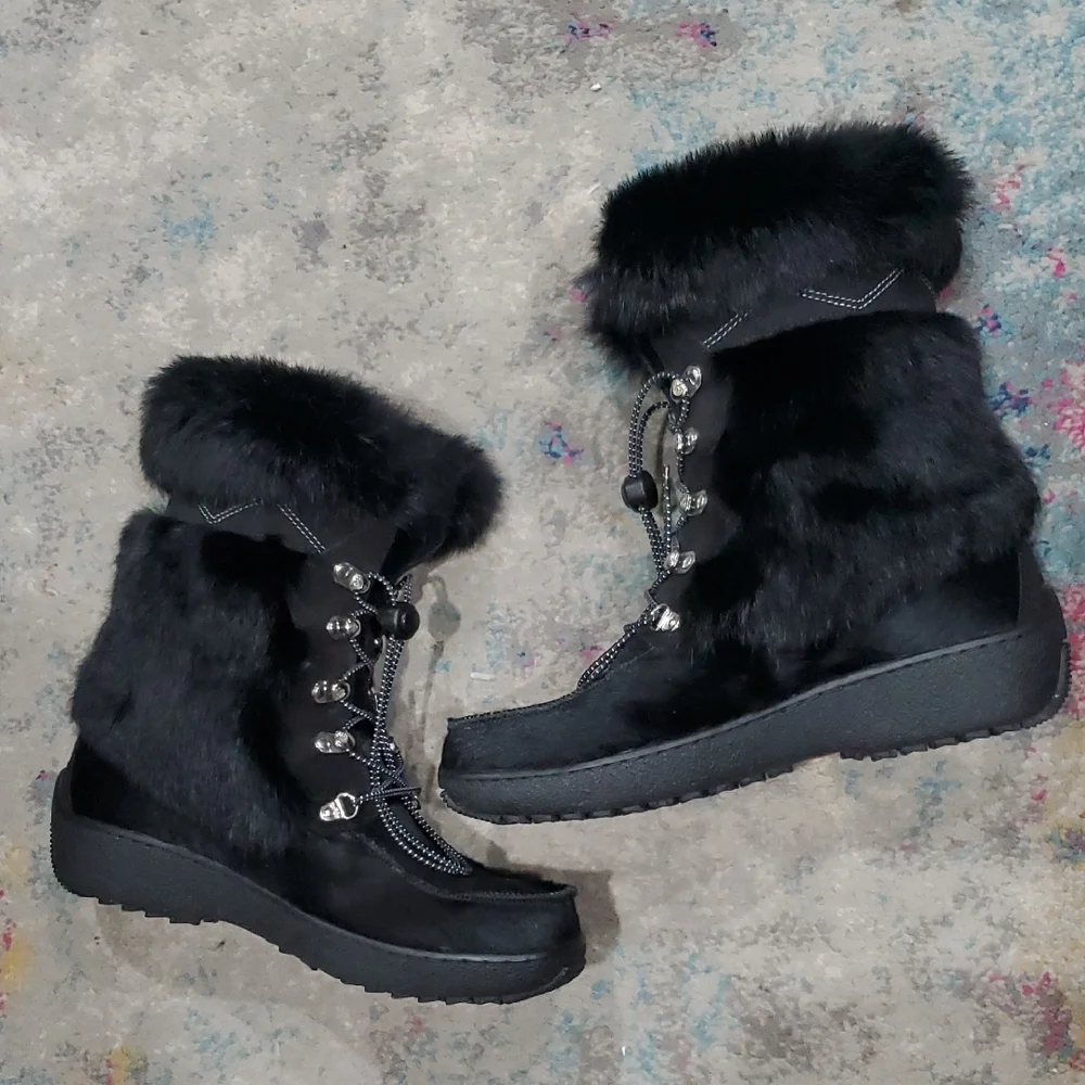 Pajar Bionda Black Faux Fur Lace-Up Winter Boots Size 41 Or 10 - 10.5